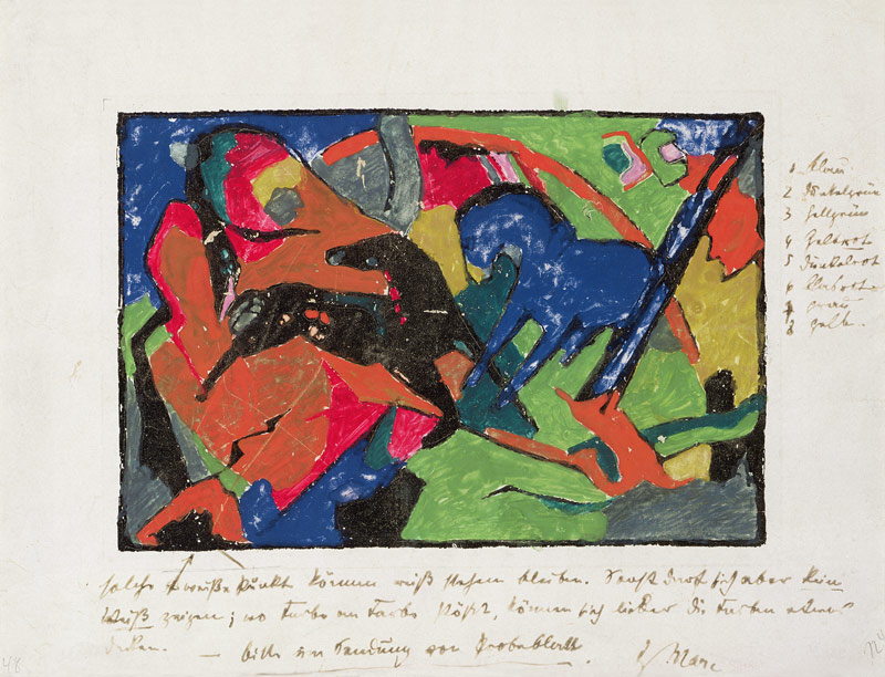 Two Horses, 1911-12 (hand coloured print) von Franz Marc