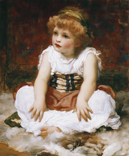 Ein Mädchen im Schneidersitz auf einem Teppich. von Frederic Leighton