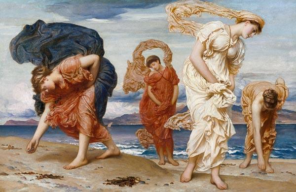 Griechische Mädchen beim Aufnehmen von Kieselsteinen am Strand