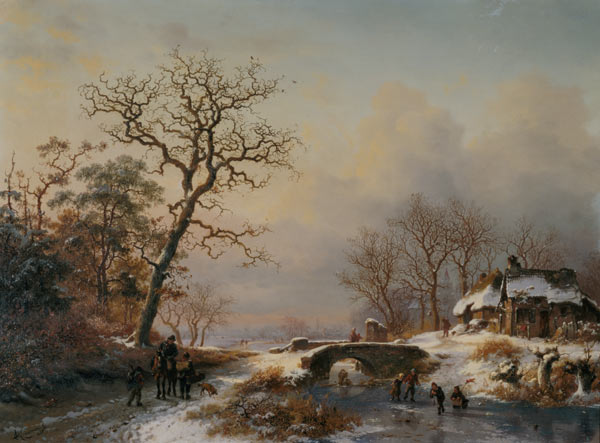 Winterlandschaft, Weg mit Reiter und Schlittschuhläufer auf einem Fluss von Frederik Marianus Kruseman