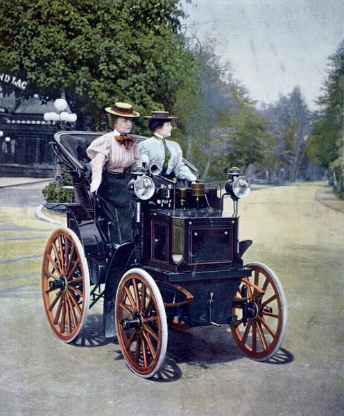 A petrol-powered Panhard Levassor Phaeton with starting handle, 1896 (coloured b/w photo)  von French School