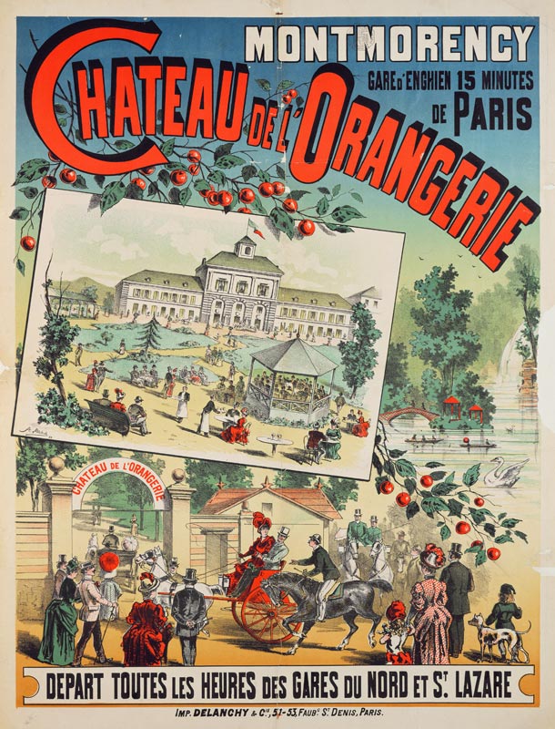 Travel poster advertising trips by train from Paris to the 'Chateau de l'Orangerie' at Montmorency von French School, (19th century)