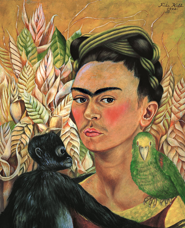 Self portrait with monkey and parrot von Frida Kahlo