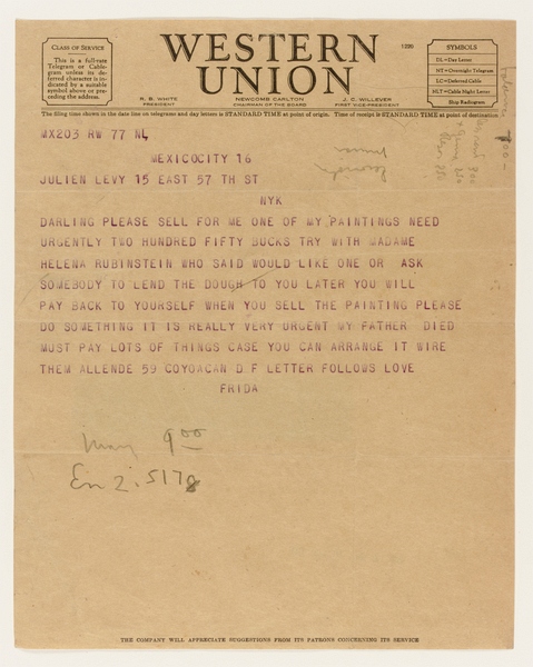 Original Western Union telegram, addressed to the American art dealer Julien Levy in New York; Mexic von Frida Kahlo