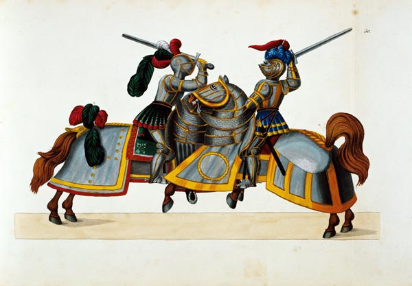 Two knights at a tournament, plate from 'A History of the Development and Customs of Chivalry', by D von Friedrich Martin von Reibisch