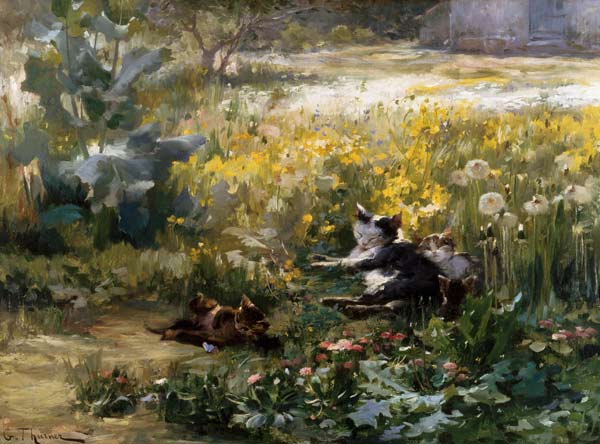 Chats dans un pre" (Katzen auf einer Wiese), undatiert. von Gabriel Edouard Thurner