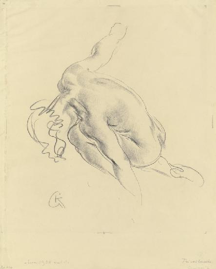 Zusammengekrümmter weiblicher Rückenakt nach links, den Kopf gesenkt