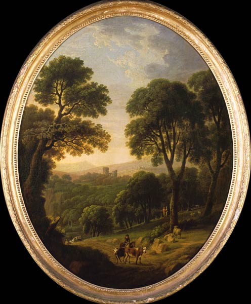 Wooded Landscape with Peasants and Cattle on a Path von George Mullins