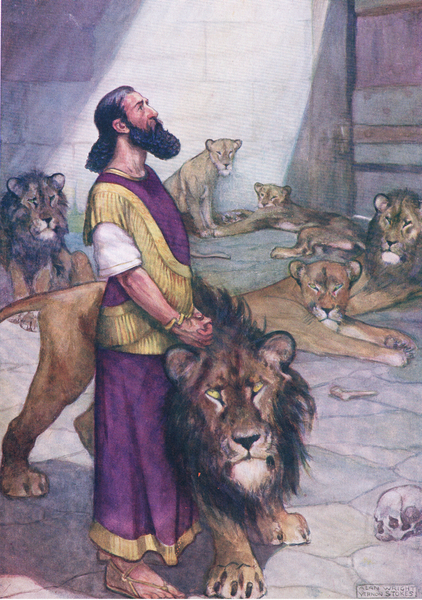 Daniel in the lions den, from The Bible Picture Book published by Thomas Nelson, c.1950 von George Vernon Stokes