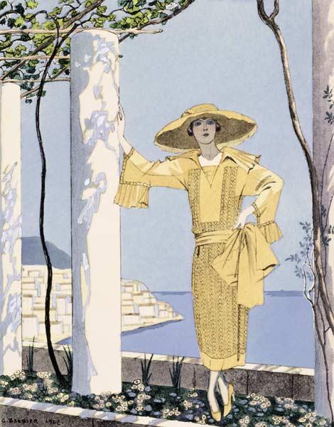 Amalfi, illustration of a woman in a yellow dress by Worth, 1922 (pochoir print)