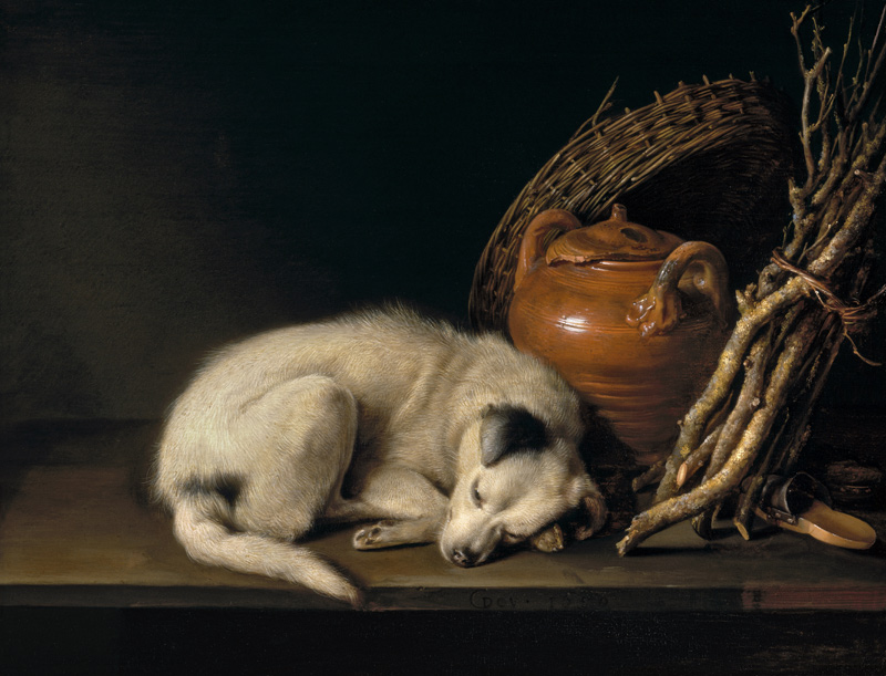 Ein schlafender Hund neben einem Terrakottakrug, einem Korb, einem Paar Clogs und Zündholz von Gerard Dou