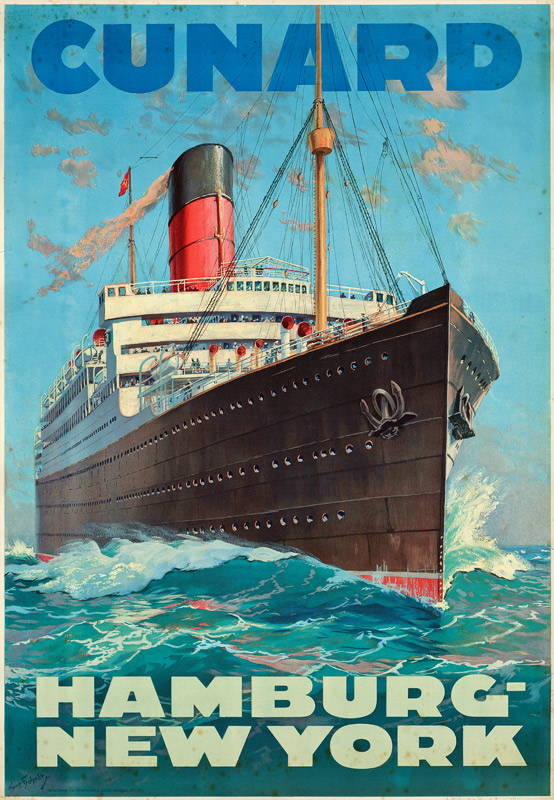 Poster advertising travel between Hamburg and New York with the shipping company Cunard von German School, (20th century)