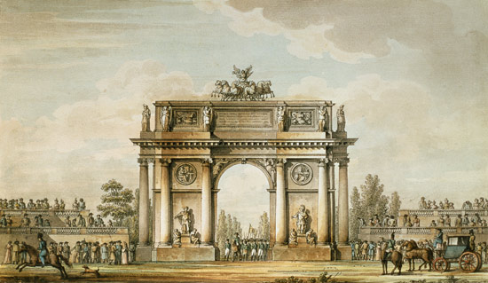 View of the Narva Gates in St. Petersburg with stands for spectators, 1814 (pen, brush, ink, w/c and von Giacomo Quarenghi