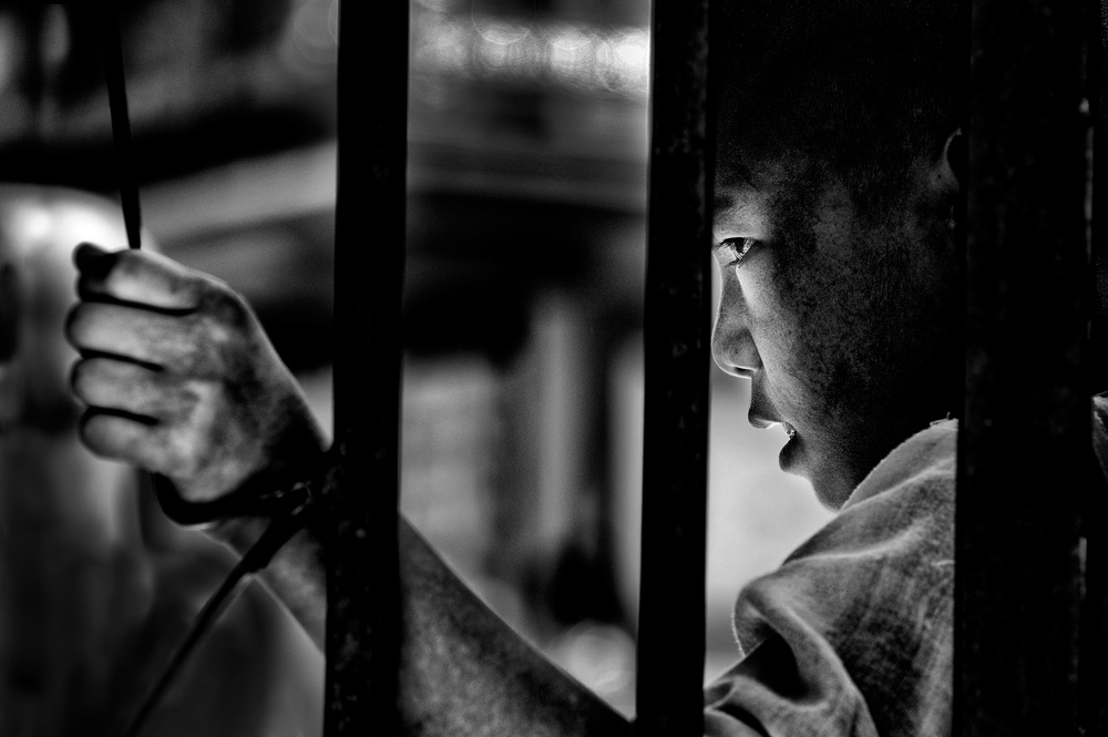 A young monk behind the bars of a Buddhist school von Giovanni Cavalli