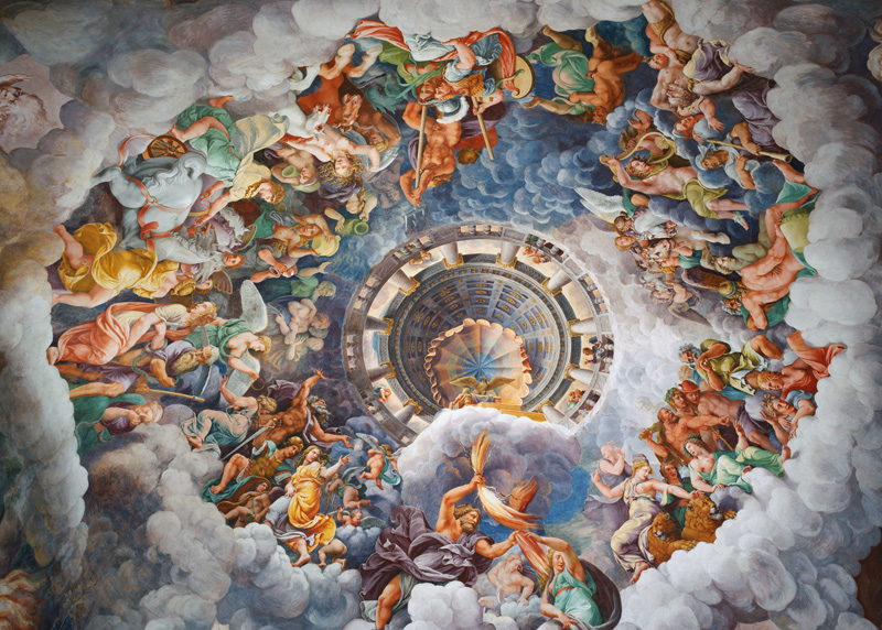 Die Götter des Olymp, Trompe l'oeil Decke aus der Sala dei Giganti von Giulio Romano