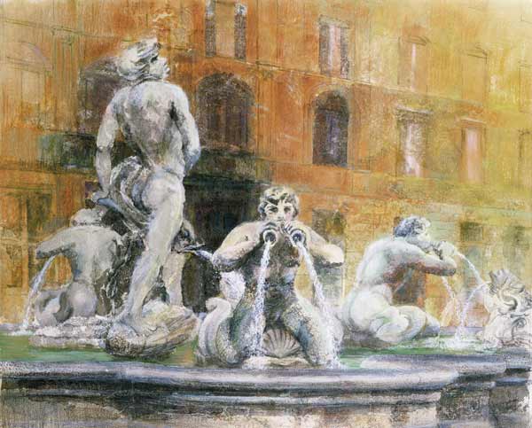 Fountain in the Piazza Navona, Rome, 1982 (w/c and gouache on paper)  von Glyn  Morgan