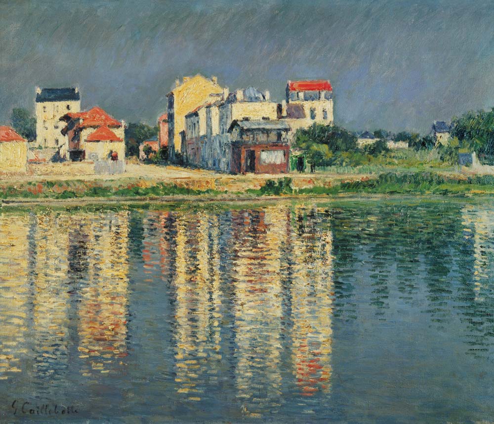 Häuser spiegeln sich im Wasser der Seine bei Argenteuil von Gustave Caillebotte