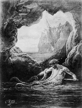 Gilliatt struggles with the giant octopus, illustration from ''Les Travailleurs de la Mer'' by Victo