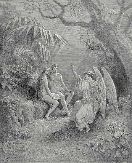 Raphael spricht mit Adam und Eva. Illustration für "Das verlorene Paradies" von John Milton