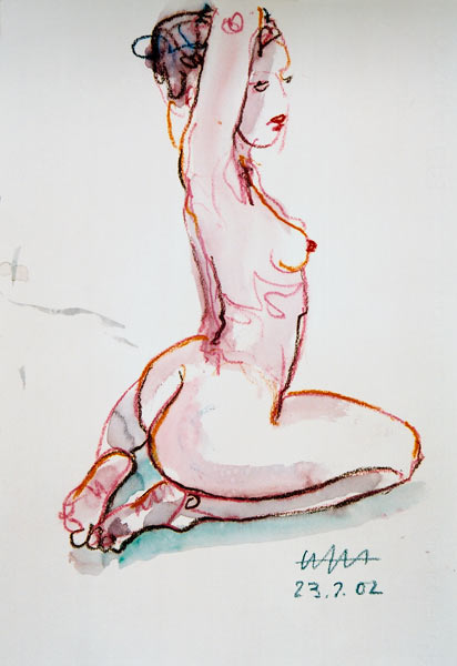 Auf den Unterschenkeln sitzender weiblicher Akt, Hände am Hals, ... von Hajo Horstmann