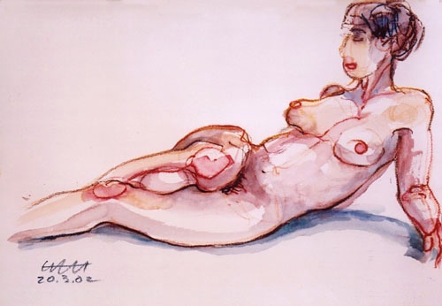 Auf dem Rücken liegender weiblicher Akt, Oberkörper auf Unterarme gestützt, ... von Hajo Horstmann