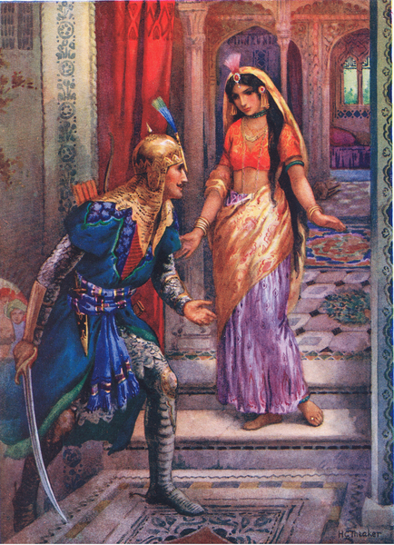 Catching sight of Rama she rushed forward. From the Adventures of Rama and Sita, illustration fromCh von Harry George Theaker