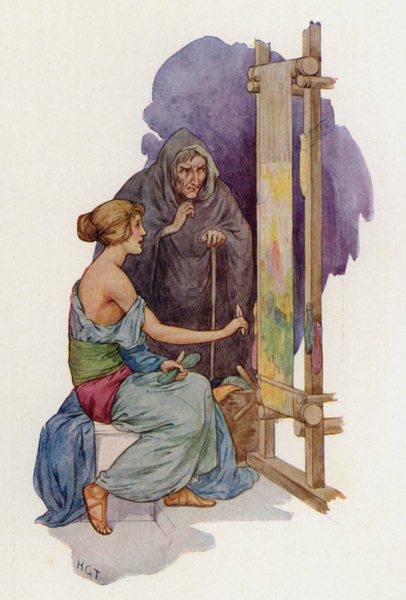 Arachne about to be turned into a spider by a disguised Minerva von Harry George Theaker