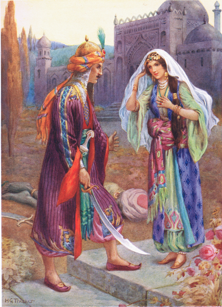 Codadad Slays the Negro Giant, illustration from Childrens Stories from the Arabian Nights, by Rose  von Harry George Theaker