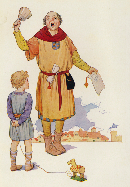 The crier proclaimed the news and all the city buzzed with excitement von Harry George Theaker