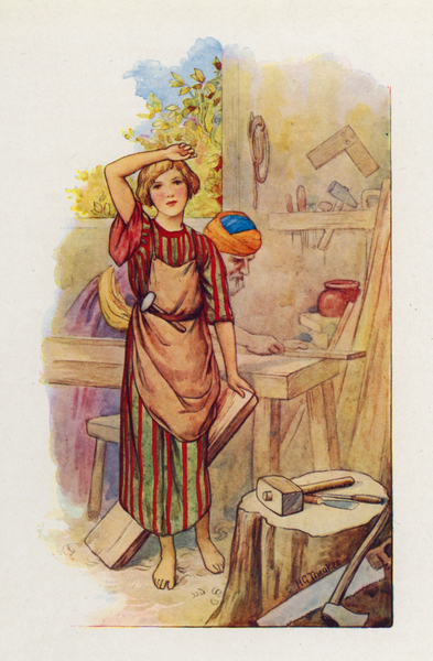 The boy Jesus began to learn the carpenters work von Harry George Theaker