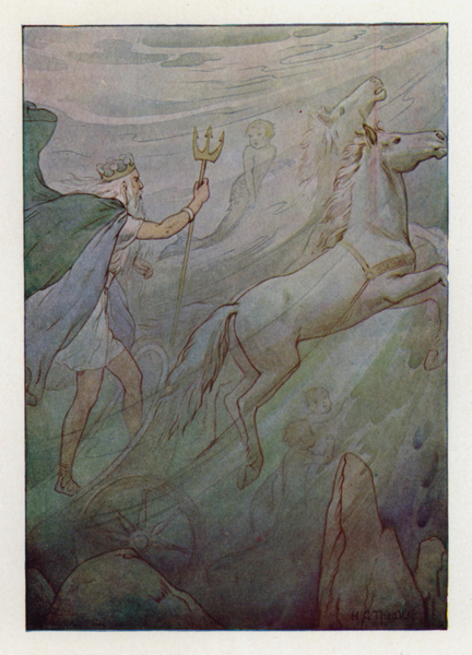 The Sea King in his sparkling chariot, pulled by green horses von Harry George Theaker