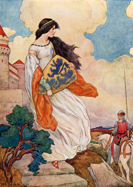The Princess Iseult with the shield of Sir Tristram of Lyonesse von Harry George Theaker