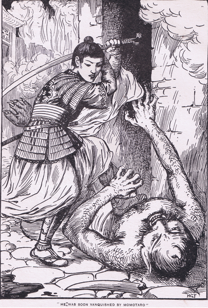He was soon vanquished by Momotaro (from Momotaro and the Peach Boy) von Harry George Theaker