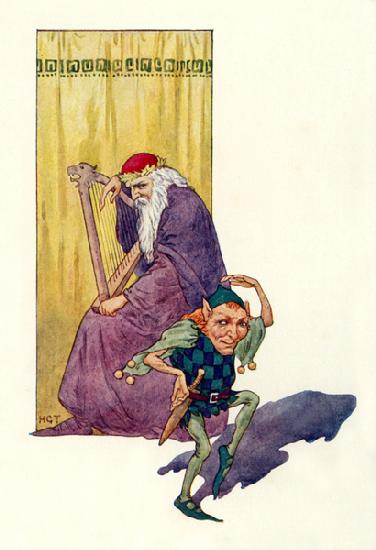 Minstrels and dwarfs entertain the king