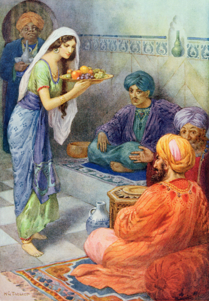 Morgiana Waits on the Guest, illustration from Childrens Stories from the Arabian Nights, by Rose Ye von Harry George Theaker