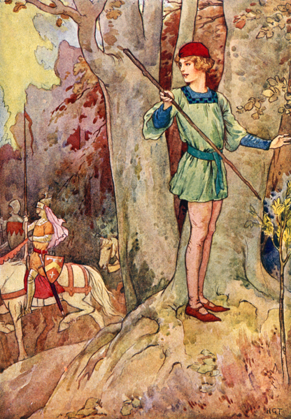 Perceval catching sight of three knights of the Round Table von Harry George Theaker