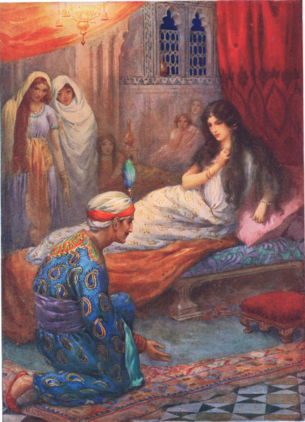 Prince Feroze-Shah Awakes the Beautiful Princess, illustration from Childrens Stories from the Arabi von Harry George Theaker