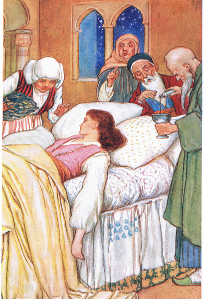 Princess Aldebonda and her Physicians (from the story (the Pilgrims of Love), illustration fromTales von Harry George Theaker