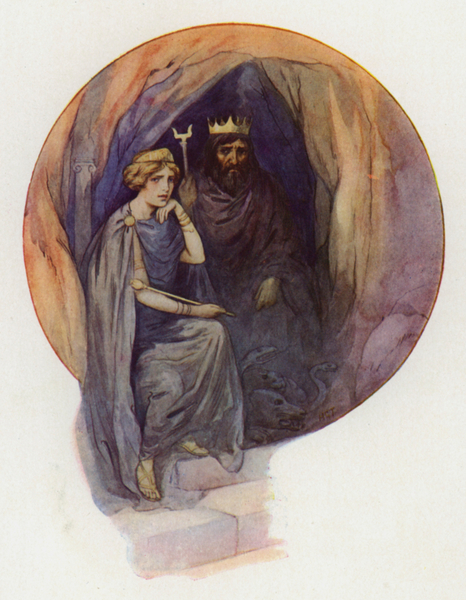 Proserpine sitting dressed in long black robes, on a great black throne with the fierce black King b von Harry George Theaker