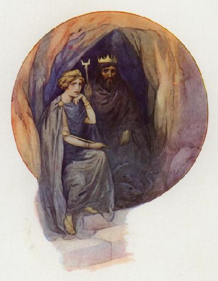 Proserpine sitting dressed in long black robes, on a great black throne with the fierce black King b