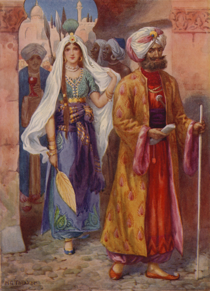 Sindbad brings the gifts to the Caliph von Harry George Theaker