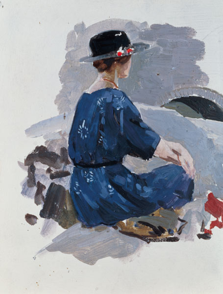 Woman in a blue dress and wide brimmed hat sitting upon rocks (oil on paper) von Harry Watson