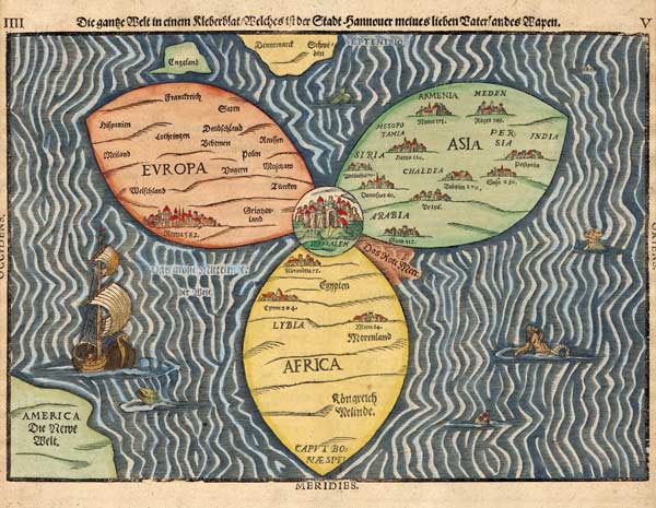 Drei Kontinente der Welt als Kleeblatt, mit Jerusalem im Mittelpunkt von Heinrich Bünting