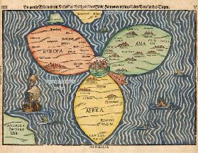 Drei Kontinente der Welt als Kleeblatt, mit Jerusalem im Mittelpunkt
