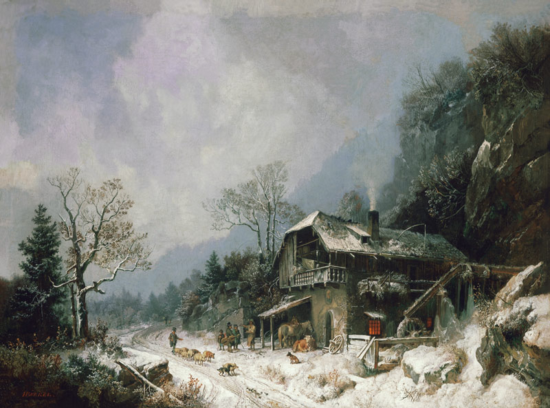 Winterlandschaft an einer Schmiede von Heinrich Bürkel