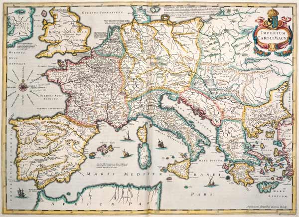 The Empire of Charlemagne (742-814) from 'Le Nouveau Theatre du Monde', 1639 (coloured engraving) von Hendrik I Hondius