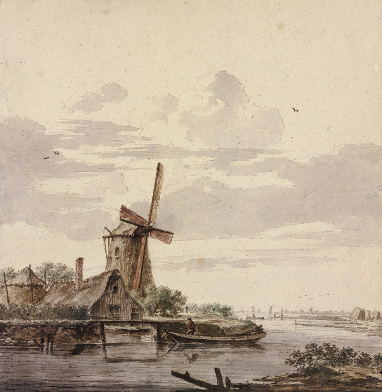 Kleiner Fluss, der ins Meer mündet, links eine Windmühle von Hendrik Kobell