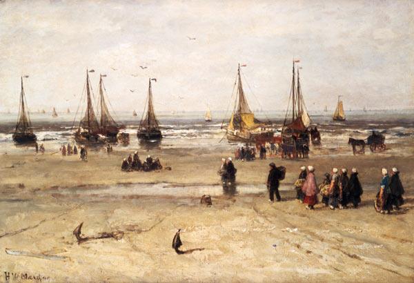 Meeresstrand mit Fischerbooten und Fischervolk