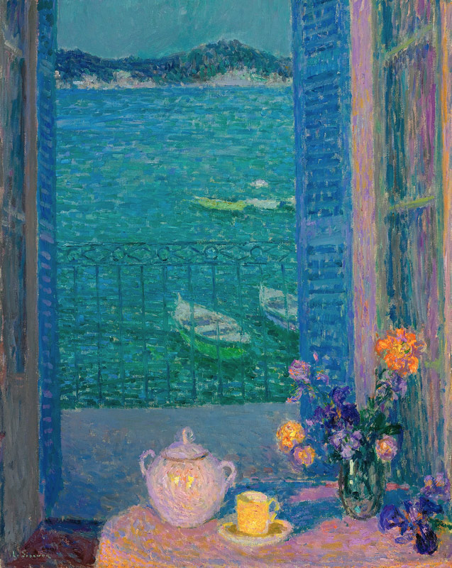 Blumenstrauß am Fenster, Villefranche-sur-Mer von Henri Le Sidaner