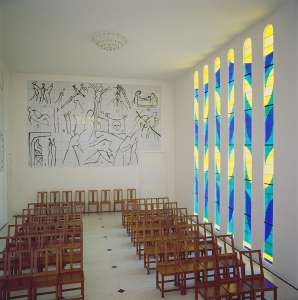 View of the Nave, Stained Glass Side Window and Stations of the Cross in the Chapel of the Rosary at